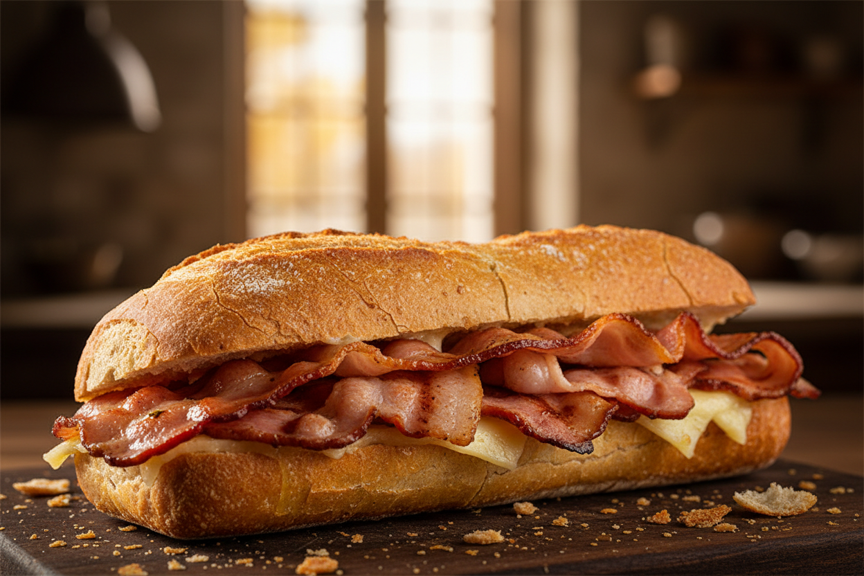 bocadillo Bacon pasado por la plancha hasta quedar dorado y con ligero toque crujiente
Pan crujiente, perfecto para bocadillo de barra