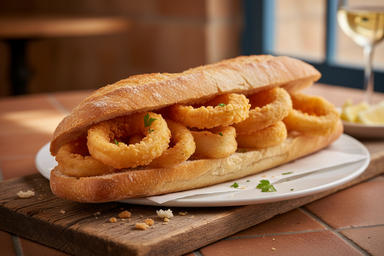 bocadillo

Calamares a la romana, rebozados y fritos hasta quedar dorados y crujientes
Pan crujiente, perfecto para este clásico