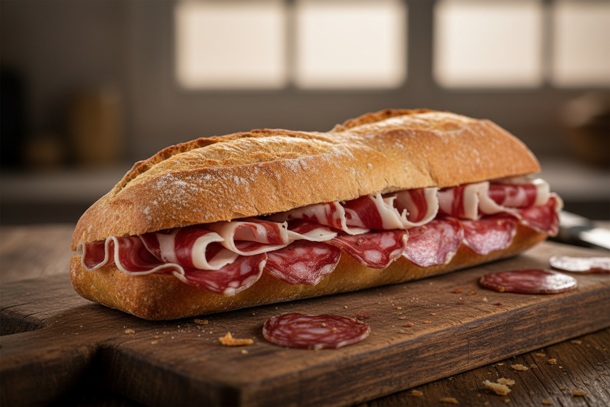 bocadillo

Salchichón ibérico, en lonchas finas para disfrutar bien del sabor
Pan crujiente, perfecto para bocadillo de barra