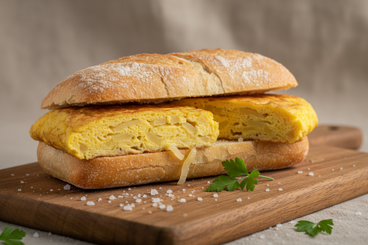 bocata de tortilla:

Tortilla al estilo casero (huevo, patata y cebolla si la incluís en vuestra receta)
Pan crujiente, ideal para emparedar la tortilla