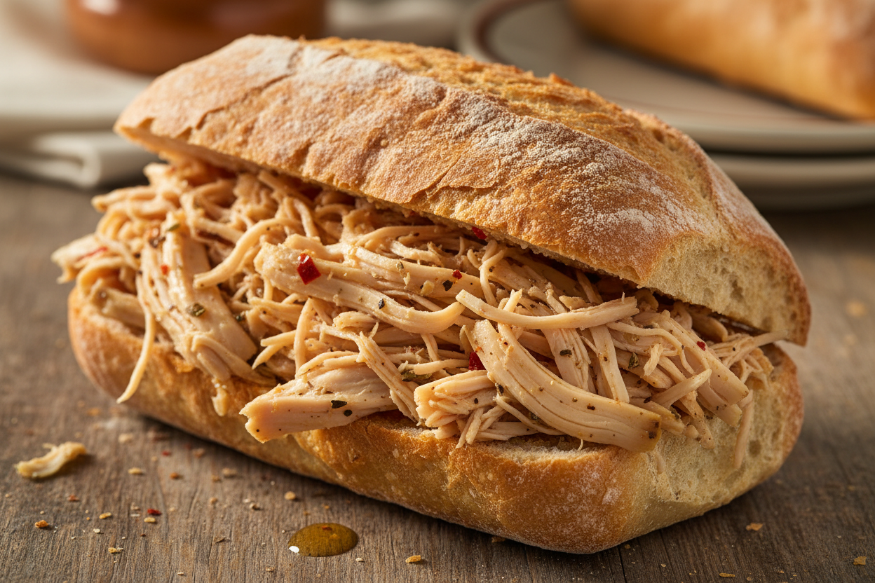  bocatas:

Pollo mechado, deshilachado y sazonado para que quede muy jugoso
Pan crujiente, que aguanta bien el relleno sin romperse 