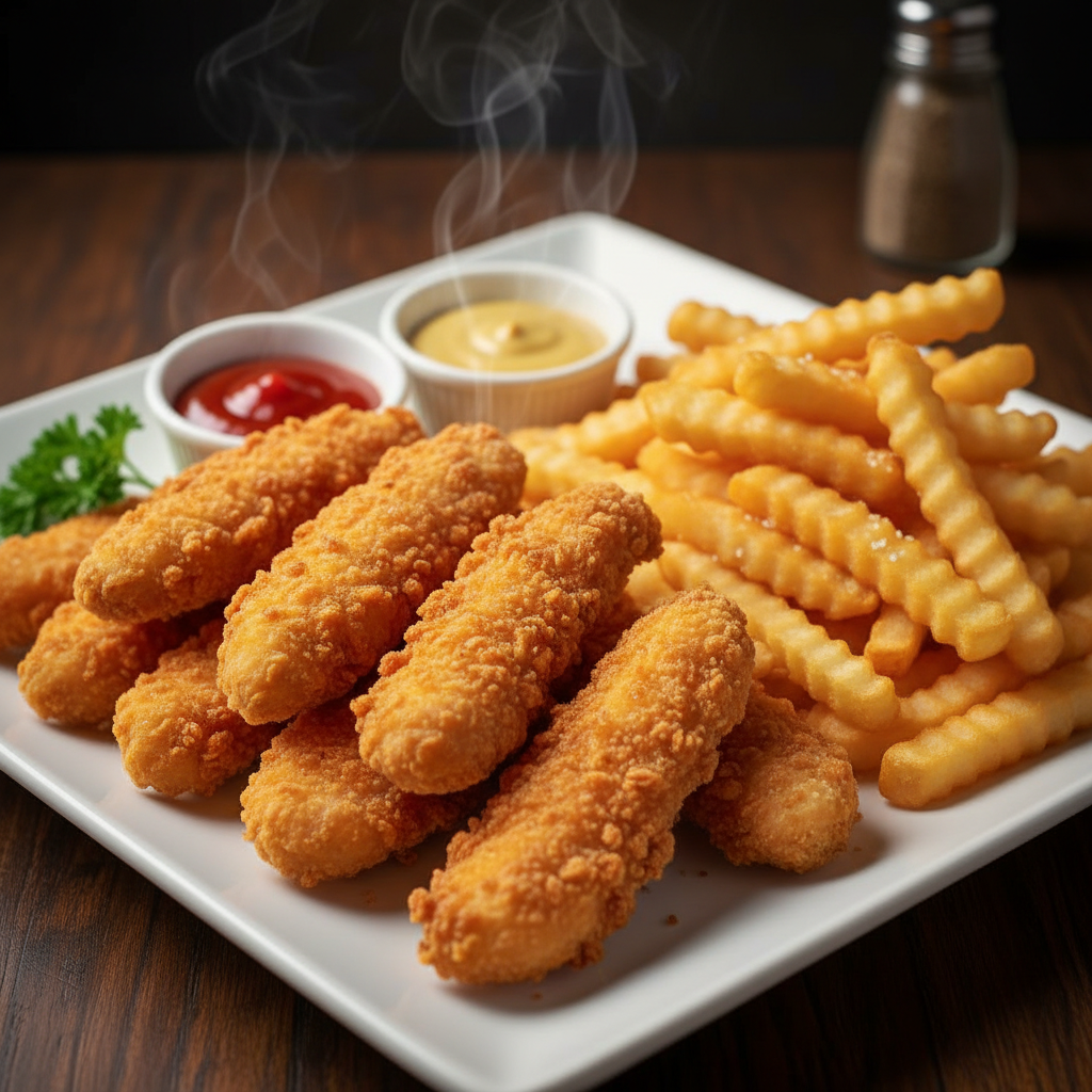 Fingers de pollo con patatas, una ración p con tiras de pollo rebozadas y patatas fritas, 