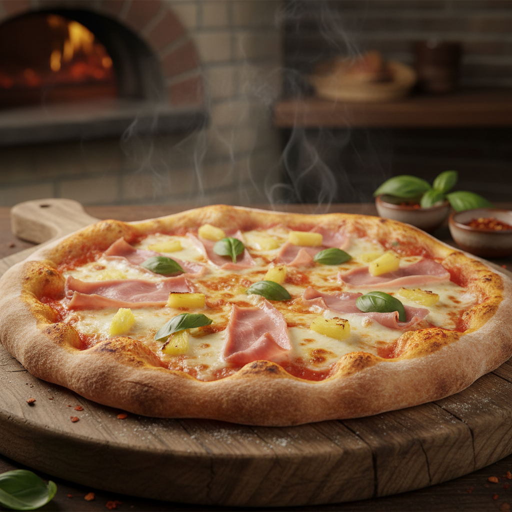 Hawaiana
Base de tomate manzano, mozzarella fior di latte, jamón york, piña
