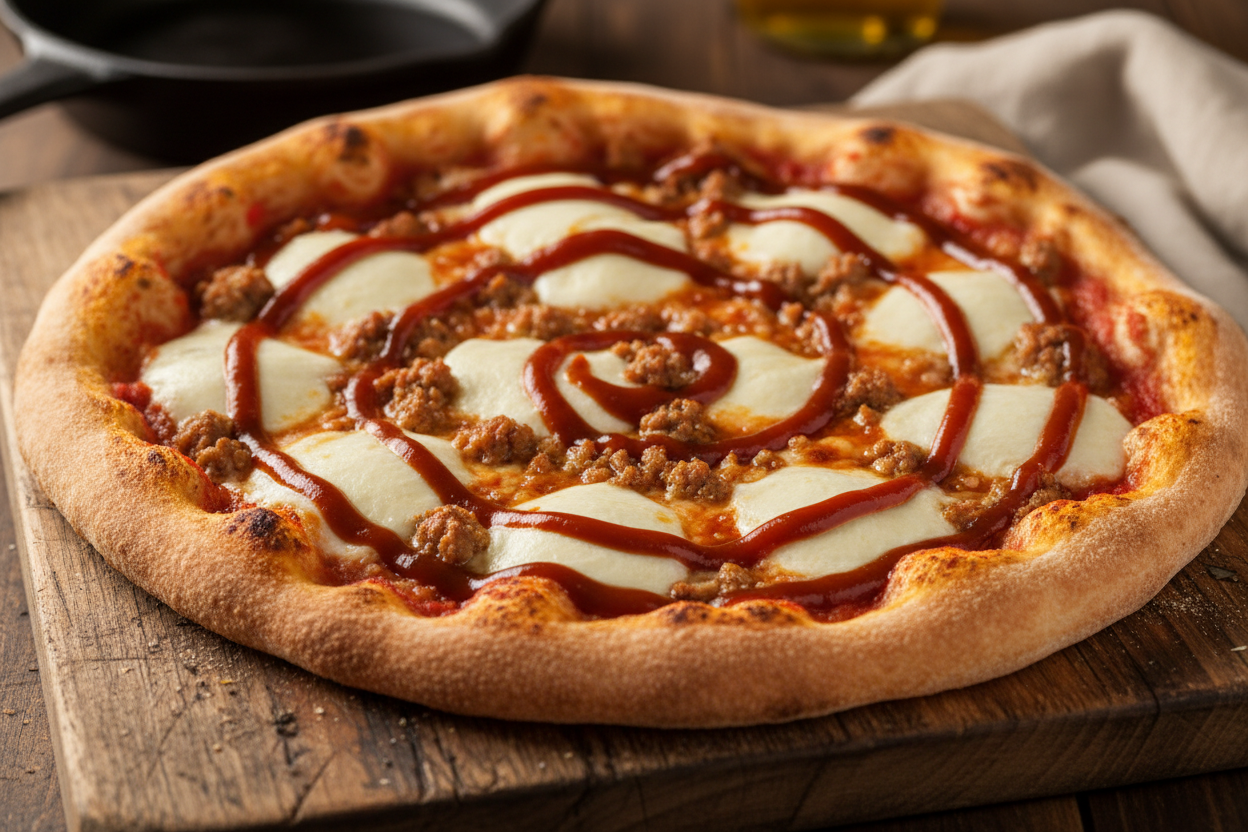 Pizza B.B.Q&nbsp; &nbsp;base de tomate manzano, mozzarella fiodilatte, carne picada y Salsa BBQ