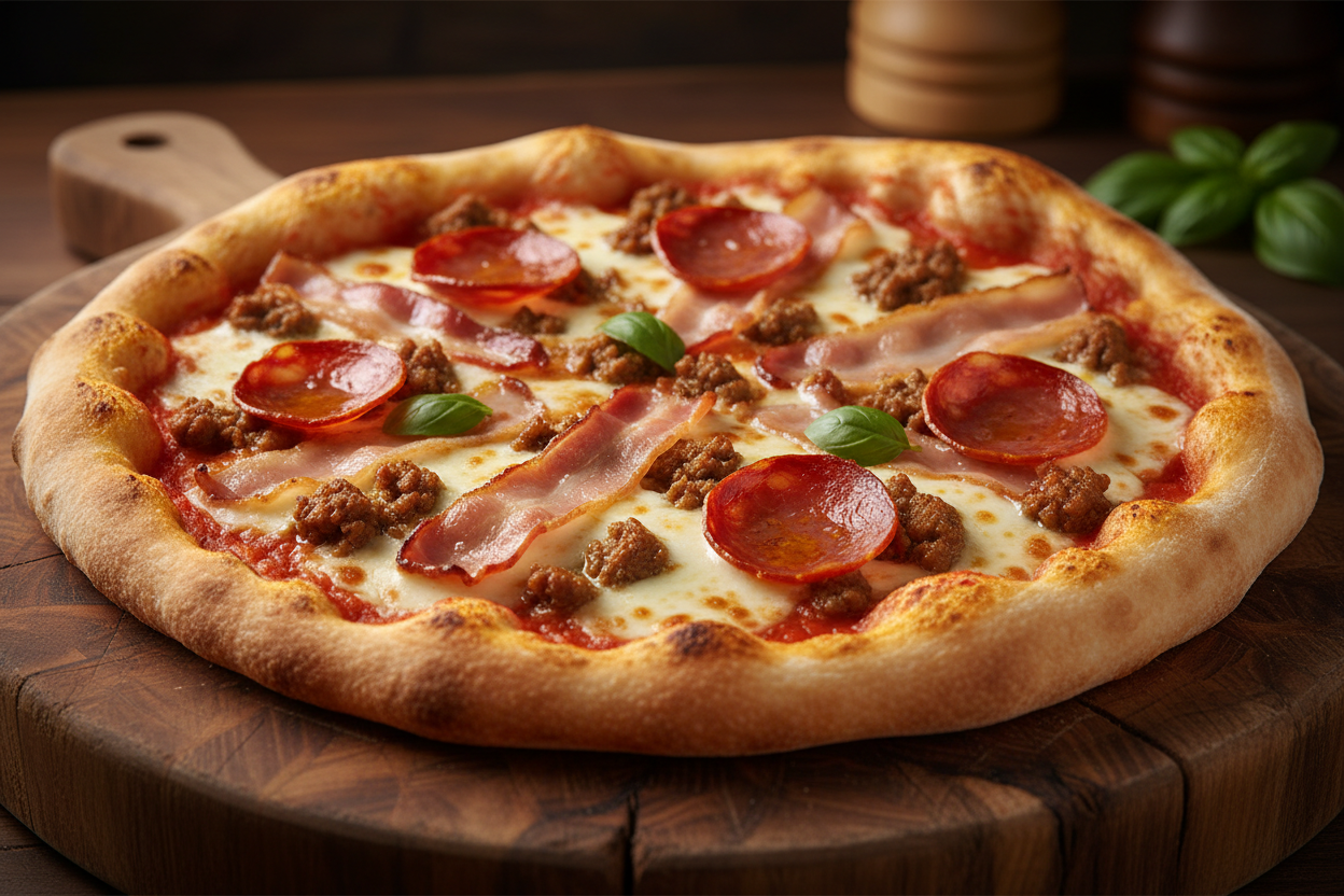 pizza Carnivora
Base de tomate manzano, mozzarella fior di latte, carne picada, bacon y chorizo iberico