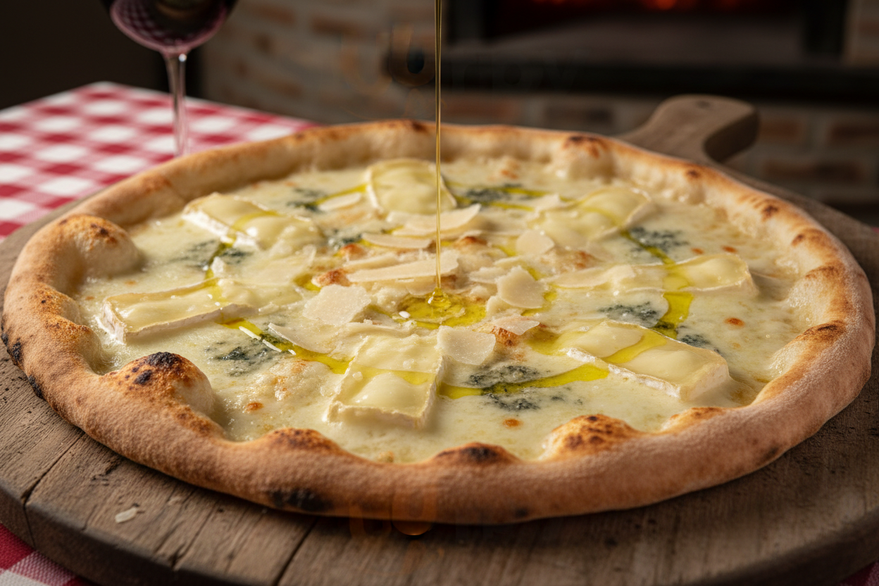 Pizza Cuatro Quesos&nbsp; mozzarela frodilatte, azul, brie y parmesano, aove