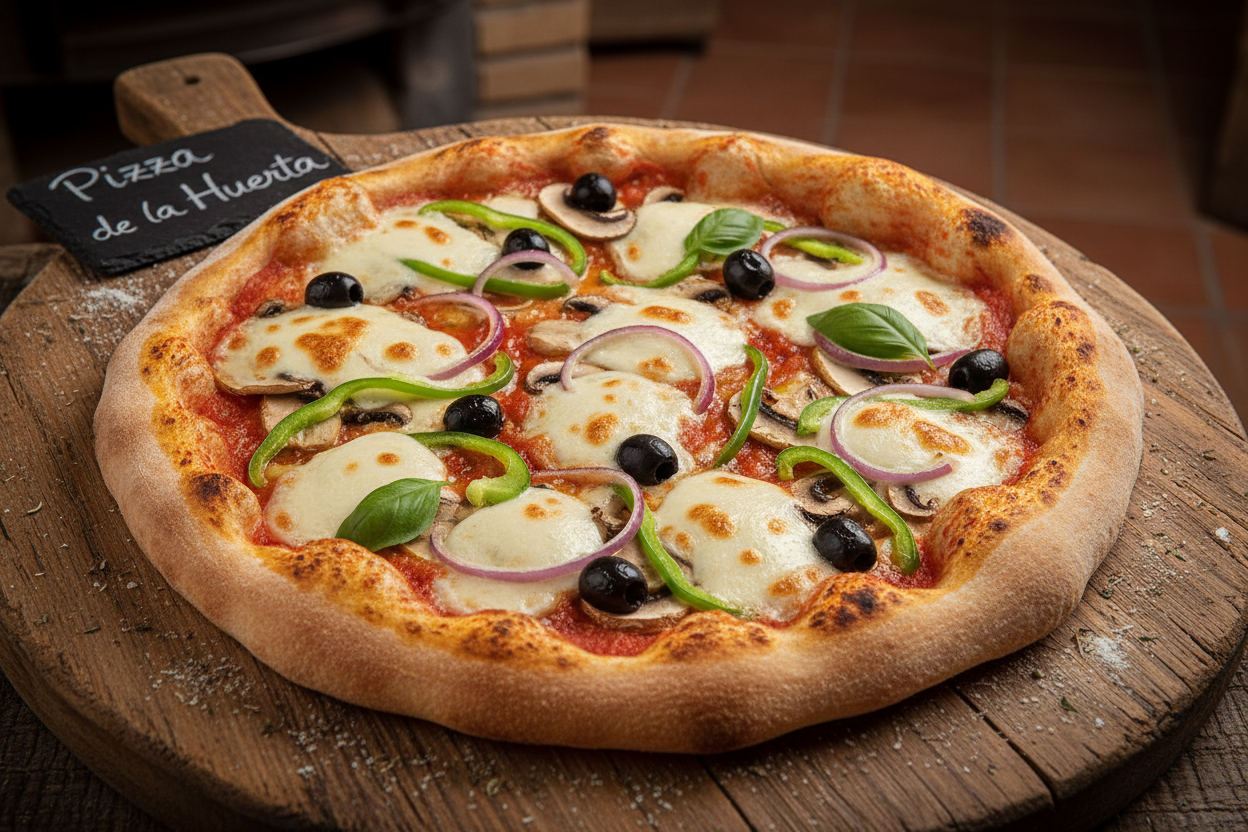 Pizza de la huerta
Base de tomate manzano, mozzarella fior di latte, pimiento verde, cebolla, chamipoñes y aceitunas negras
