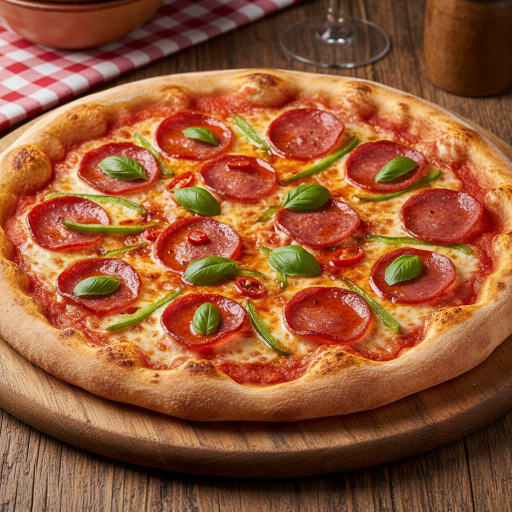 Pizza Diavola base de tomate manzano, Salami, Pimiento verde, aceite de guindilla y albahaca.&nbsp;