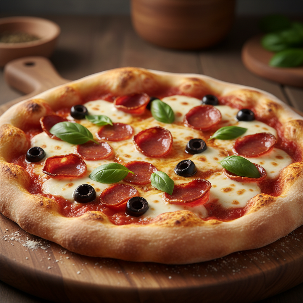 Pizza Fobase de tomate manzano, chorizo iberico, mazzrella, fiordilate, olivas negras y albahaca