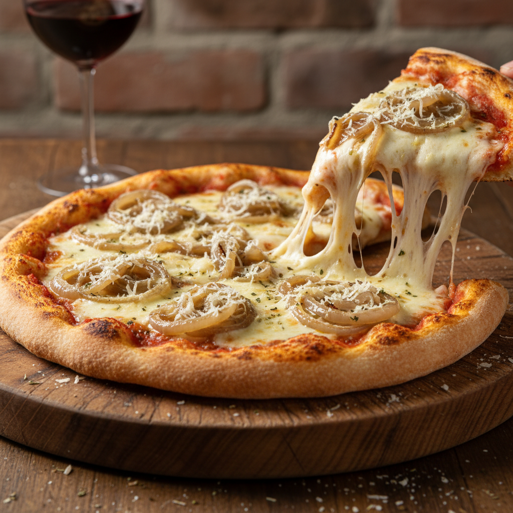 Pizza Fugazzeta Base de tomate manzano, mozzarella fior di latte, cebolla y queso parmensano