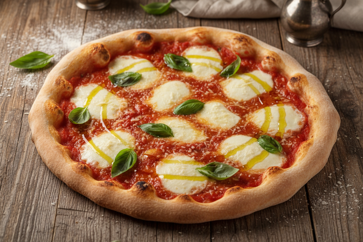 Pizza Margherita Base de Tomate Manzano, Mozarella Fiordialatte, albahaca y Parmesano, Aove