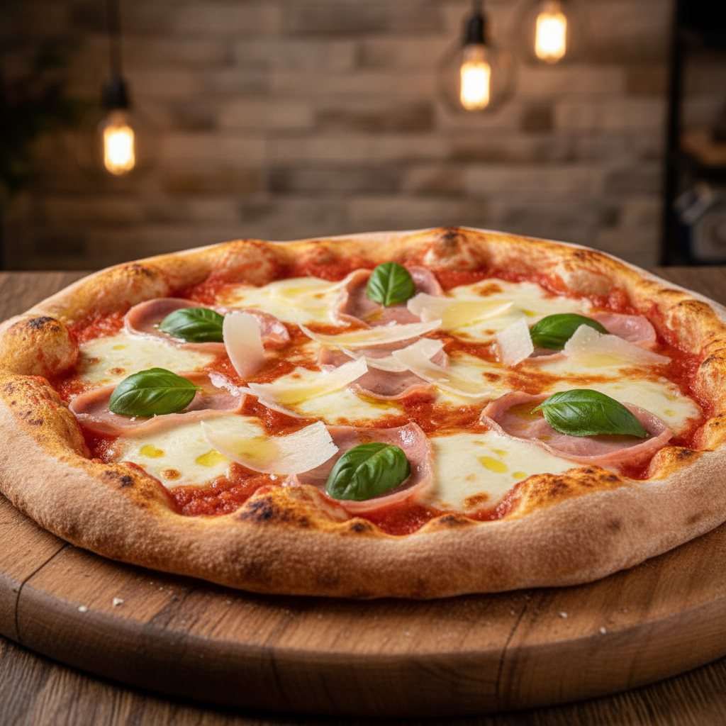 Pizza &nbsp;Margherita Base de tomate Manzano, Mozzarella Flordilatte, Jamon York,&nbsp; Parmessano, Aove