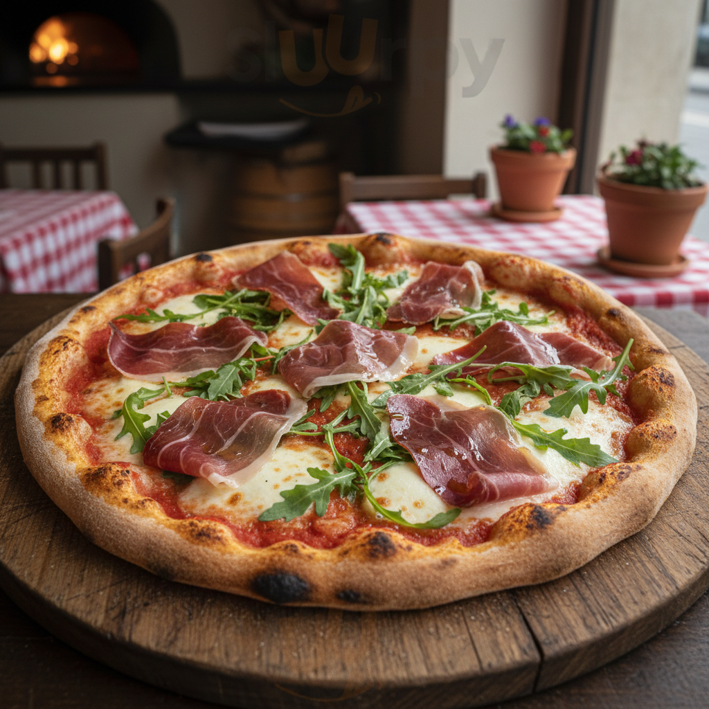 Pizza Pizza Prosciutto e rucula base de tomate, mozzarella fiodilatte, jamon iberico y rucula