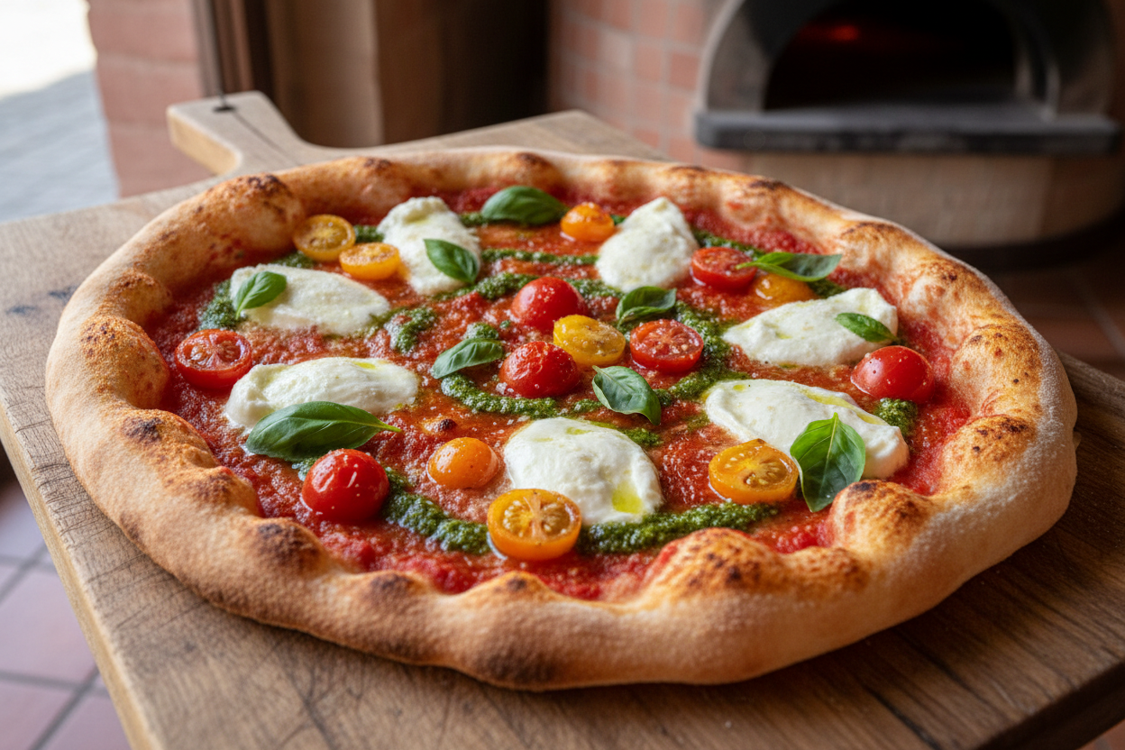 Pizza Pomo'oro base de tomate manzano, variedad de tomate cherry, mozzarella bufala, Pesto y albahaca.