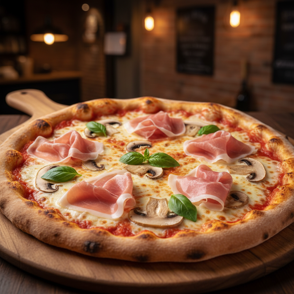 Pizza Prosciutto o funghi&nbsp; &nbsp;base de tomate manzano, mozzarella fiodilatte, proscutto iberico, champiñones y albahaca