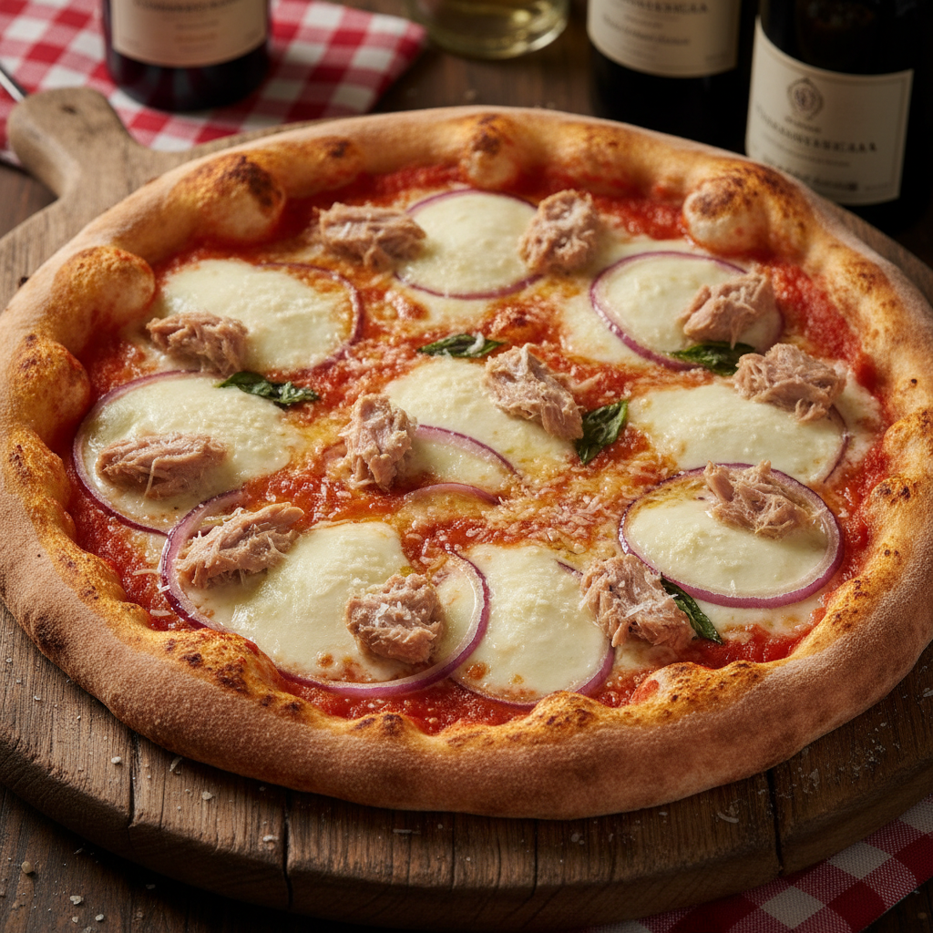 Pizza Tonno y Cipolle
Base de tomate manzano, mozzarella fior di latte, atún, queso parmeosna y cebolla
