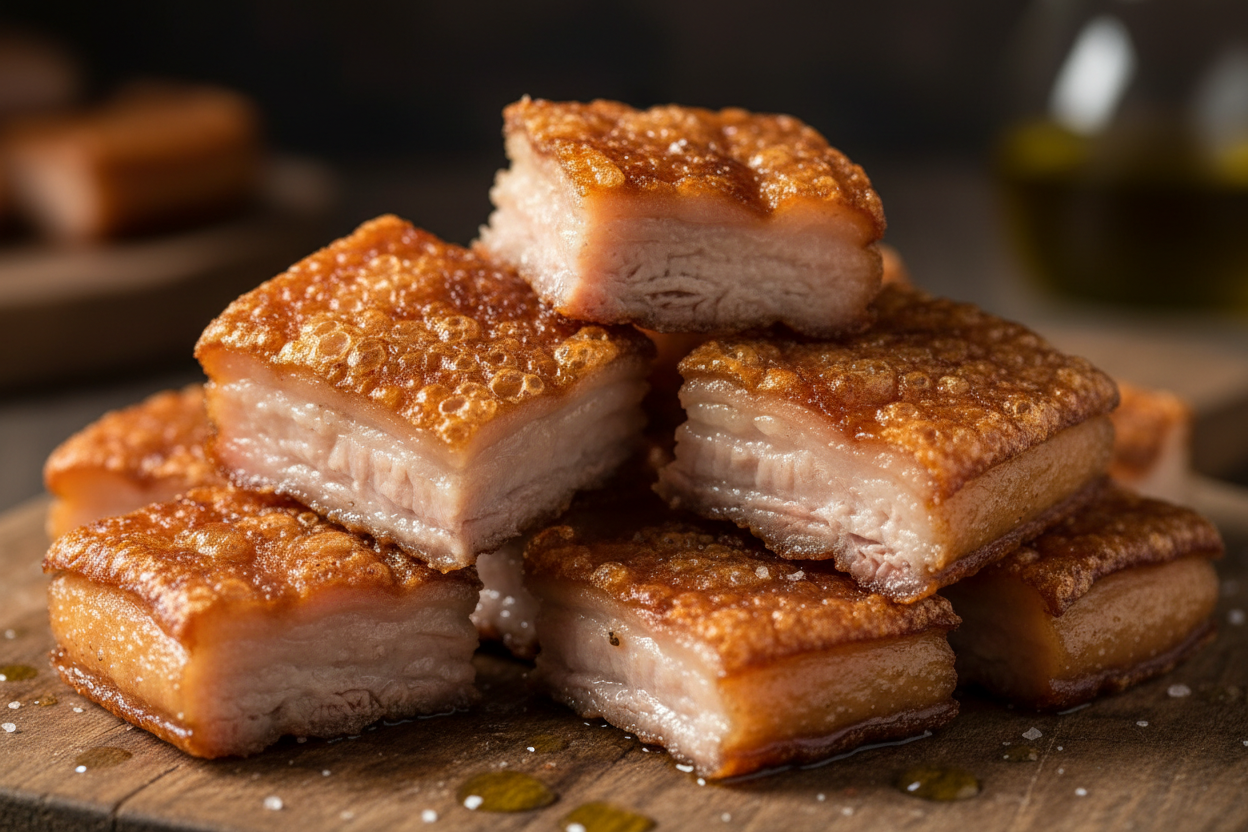torreznos de Soria recién fritos, partidos, con la corteza dorada, burbujeante y extremadamente crujiente (crispy blistered crust), carne jugosa y tierna